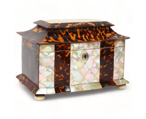 19th century tortoiseshell and mother-of-pearl parquetry inlaid rectangular tea caddy, with shaped front and tortoiseshell an