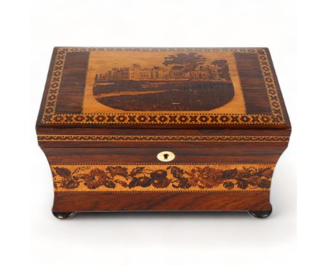 19th century Tunbridge Ware and rosewood tea caddy depicting Eridge Castle?, with concave sides, foliate micro-mosaic bands a