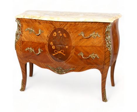 A French Kingwood and marquetry inlaid bombe commode, with ormolu mounts and marble top, height 88cm, 115 x 52cm 
