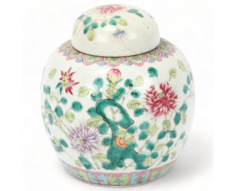 Chinese white glaze porcelain ginger jar and cover, with painted enamel decoration, height 14cmGood original condition, no ch