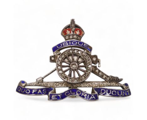 Early 20th century diamond and enamel Royal Engineers military sweetheart brooch, unmarked white metal settings, width 4cmA t