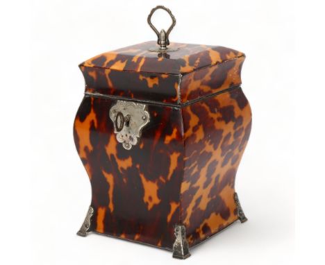 A small 19th century tortoiseshell square ogee sided tea caddy, unmarked silver mounts on engraved bracket feet, original inn