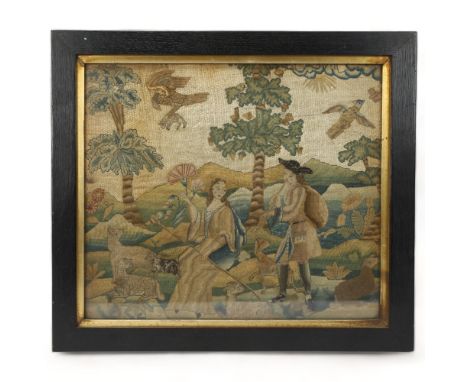 Early English stumpwork embroidered picture, 17th or 18th century, depicting shepherd and shepherdess with flock, 29cm x 34cm