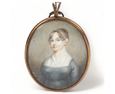 Early 19th century miniature watercolour on ivory, portrait of a woman, signed I Jenner 1813, unmarked gilt-metal frame with 