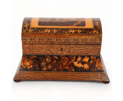 19th century Tunbridge Ware dome-top tea caddy depicting castle buildings, foliate micro-mosaic bands and ash with concave si