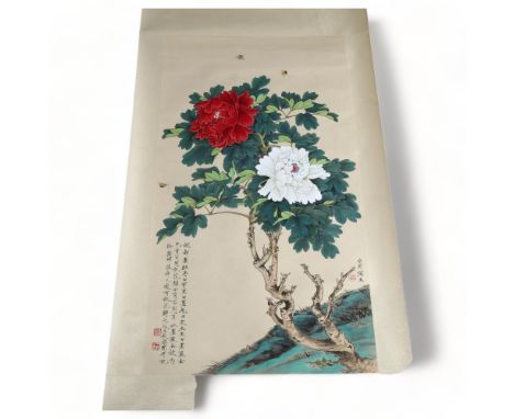 20th century Chinese School, watercolour scroll painting, chrysanthemum and bees, mounted on silk ground, panel 98cm x 53cmGo