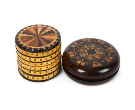 A rare 19th century Tunbridge Ware combination drum-shaped box, with parquetry inlaid ends and 6 combination barrels, diamete