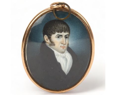 Early 19th century miniature watercolour on ivory, portrait of a gentleman, unsigned, in unmarked yellow metal frame, with ha