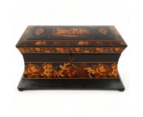 19th century Tunbridge Ware tea caddy depicting Battle Abbey, ebonised and floral micro-mosaic bands, the interior fitted wit