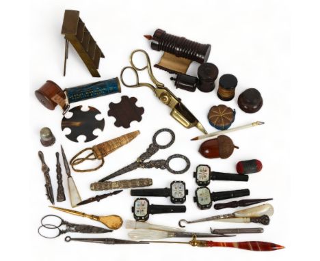 Mixed group of Victorian sewing items etc, including a miniature Victorian brass step ladder, length 7.5cm, treen hardwood se