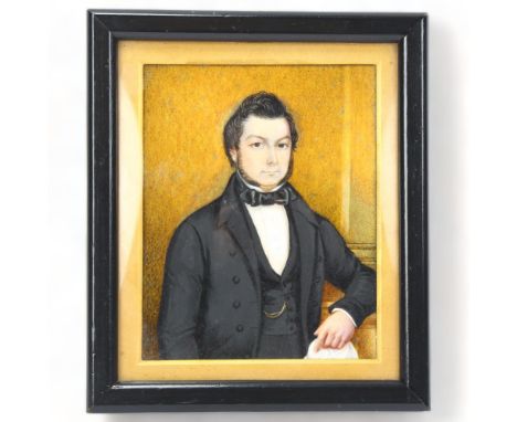 19th century miniature watercolour on ivory, portrait of a gentleman, unsigned, overall frame dimensions 16cm x 14cm. Ivory p