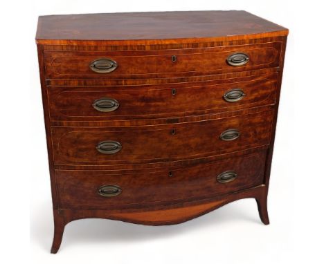 A George III mahogany bow-front chest of 4 long graduated drawers, with marquetry inlaid top, width 91cm, depth 51cm, height 