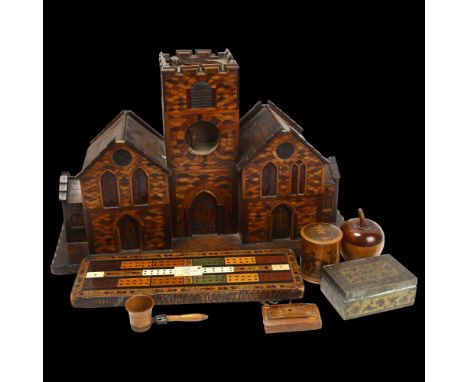 A mixed group of items, including a 19th century Masonic parquetry inlaid cribbage marker, length 30cm, a treen quizzing glas