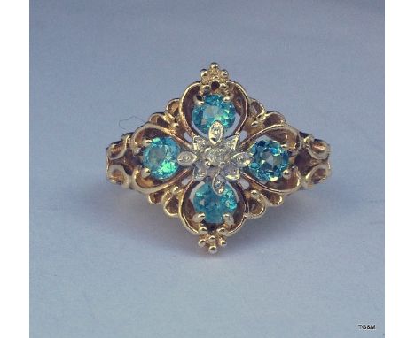 A 9ct gold antique diamond and aquamarine set ring size O