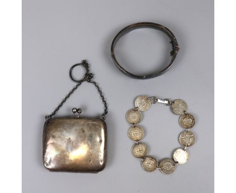 Collection of silver to include small purse on chain, child's bangle in original box and bracelet made up from 10 three pence