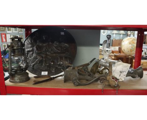 Collection of metalware to include hurricane lamp, mole traps, plaque 