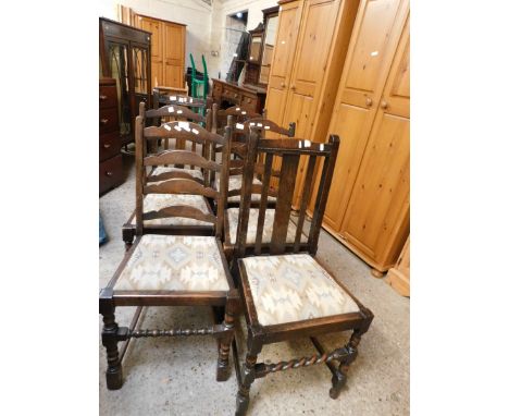 SET OF FOUR MID-20TH CENTURY LADDERBACK DINING CHAIRS WITH BOBBIN TURNED SUPPORTS AND DROP IN SEATS TOGETHER WITH A PAIR OF S