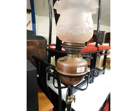 VICTORIAN BRASS STANDARD LAMP WITH COPPER FONT AND SHADE 