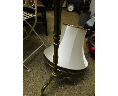 BRASS STANDARD LAMP WITH KNOBBED COLUMN AND SHADE 