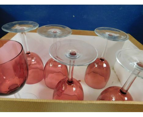 SET OF SIX CRANBERRY BOWL CLEAR STEMMED WINE GLASSES 