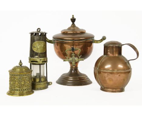 A miners lamp by Thomas & Williams ltd, together with a copper samovar, copper jug and a brass tobacco jar