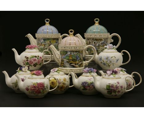 Royal Stratford teapots, with flower patterns together with three Staffordshire historical images including hunting, fishing,