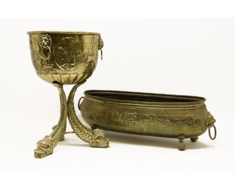 Two brass planters, and a lamp base, 67cm high (3)
