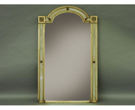 A tall over mantel or pier mirror, the arched bevelled plate within a coloured glass and gilt border, 152cm high