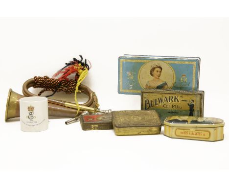 A Phil Parker Ltd of London copper and brass bugle, together with a First World War Christmas 1914 tin, a South Africa 1900 t