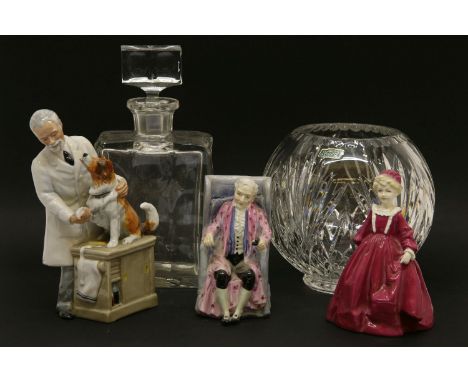 Glassware including decanters, two Royal Doulton figures: HN2731, 'Thanks Doc!'; HN2074 Darby and a Worcester figure