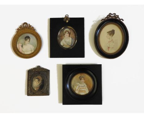 Five portrait miniatures, to include 'Mrs Siddon', after Sir Thomas Lawrence, two signed 'Derval', two in gilt metal frames..