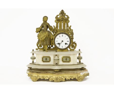 A late 19th century French gilt spelter and marble mantel clock, on separate giltwood base 38cm high