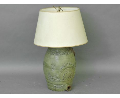 A stoneware barrel, with an applied UK coat of arms, converted to a table lamp, barrel 45cm high