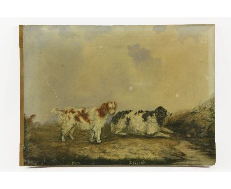 A watercolour of dogs,in the manner of Monet, Boats,and an oil painting in the manner of Constable