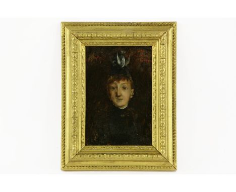 French school PORTRAIT OF A WOMAN indistinctly signed and inscribed, oil on panel,17 x 12cm