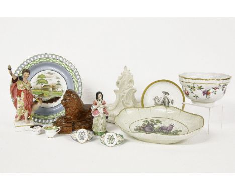 English ceramics, stoneware lion, a pair of Victorian napkin rings, crested figure of Jupiter, Parian ware bracket two miniat
