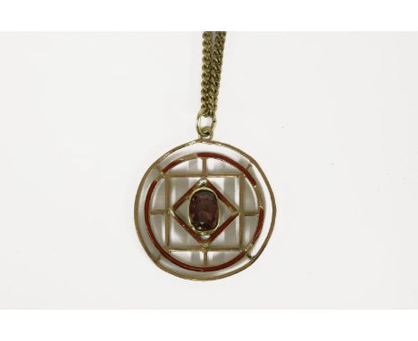 An Edwardian gold single stone garnet and red enamel pendant, on a gilt metal chain (enamel damaged)8.49 including gilt chain