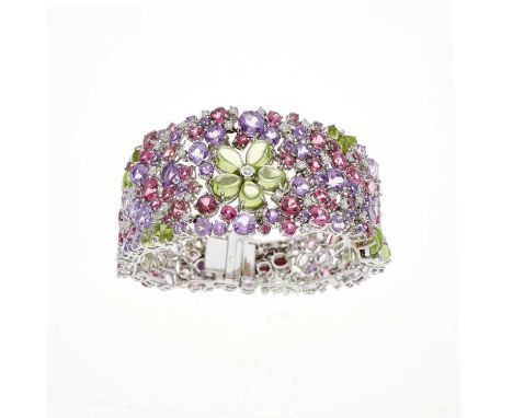 An 18ct gold brilliant-cut diamond accent and multi-gem floral openwork bracelet, set throughout with peridot, pink tourmalin