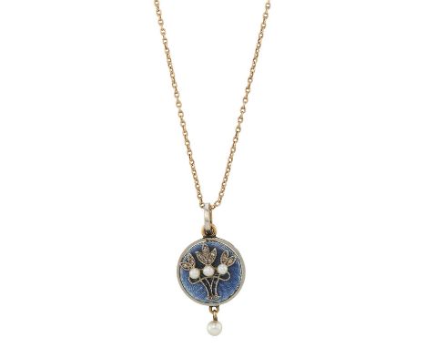 A Belle Epoque gold and platinum, blue guilloche enamel, seed pearl and rose-cut diamond floral basket pendant, with seed pea
