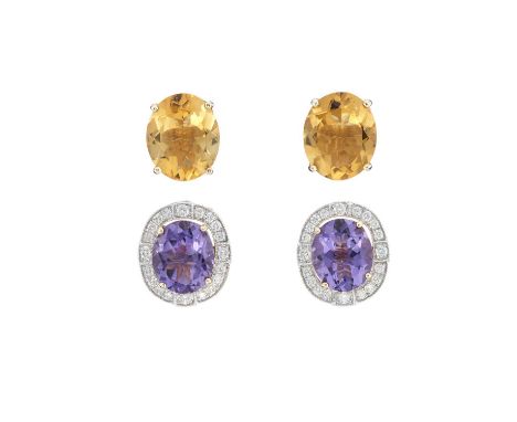 A pair of gold amethyst or citrine and diamond interchangeable cluster stud earrings, estimated total amethyst weight 8.40ct,