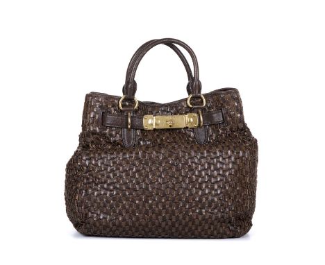 Miu Miu, a woven leather handbag, featuring a brown woven leather exterior, with brushed gold-tone hardware, rolled leather t
