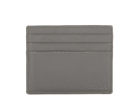 Prada, a Saffiano leather card holder, crafted from grey cross-grain leather, featuring six card slots and a central expandab