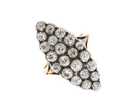 A late Victorian old-cut diamond marquise-shape cluster ring, with rose-cut diamond spacers, estimated total diamond weight 2