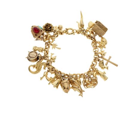 A 9ct gold charm bracelet, suspending a series of gold and yellow metal charms, chain and some charms with marks to indicate 