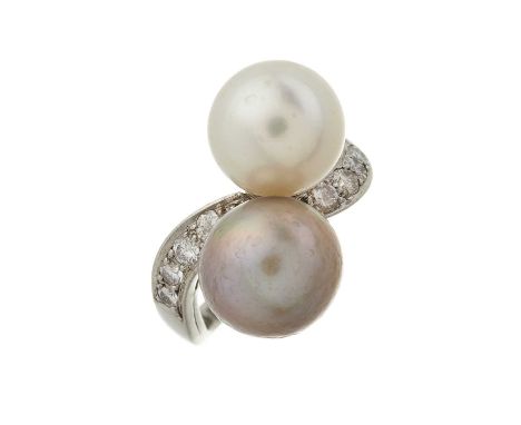 A grey and cream cultured pearl two-stone crossover ring, with brilliant-cut diamond line asymmetric shoulders, cultured pear