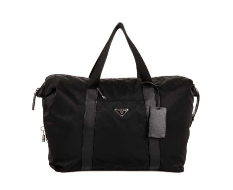 Prada, a black nylon holdall travel bag, featuring black saffiano leather trim, a front zip pocket, dual top handles, detacha