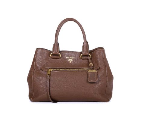 Prada, a brown Front Pocket tote, crafted from grained brown leather, with gold-tone hardware, featuring a front zip pocket, 