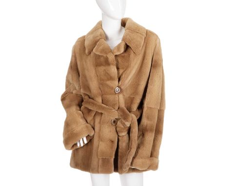 Saga by Alvarez Valls, a three-quarter length sheared mink jacket, featuring a notched lapel collar, cocktail cuffs, front bu