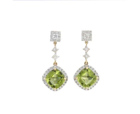 A pair of 18ct gold peridot and brilliant-cut diamond cluster drop earrings, with similarly-cut diamond line articulated surm