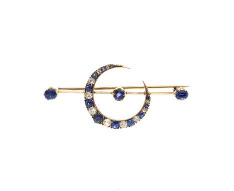 A late Victorian gold, sapphire and old-cut diamond crescent bar brooch, estimated total diamond weight 0.50ct, H-I colour, S